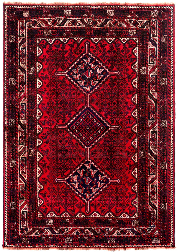 Red and ivory handmade Persian Shiraz classic rug with geometric medallion, 268×193cm