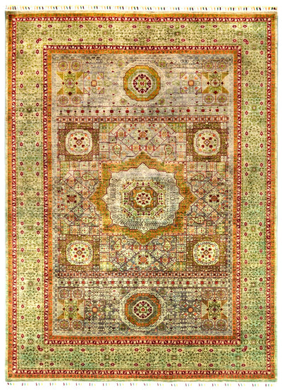 Handmade forest green Mamlouk classic Oriental wool rug with geometric pattern, 297×209cm
