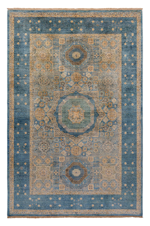 Navy blue Mamlouk classic Oriental wool rug with geometric repeat, 275×185cm