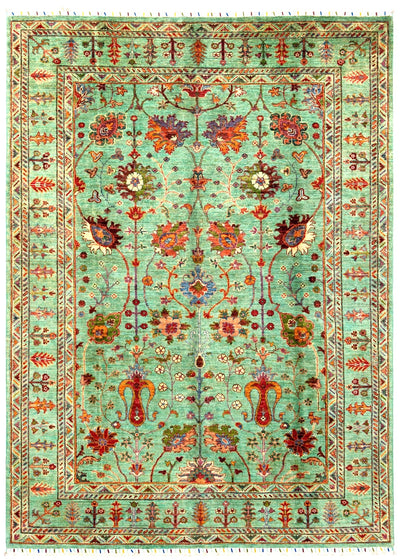 Green and ivory Ziegler floral Oriental wool rug with vine motifs, 244×180cm