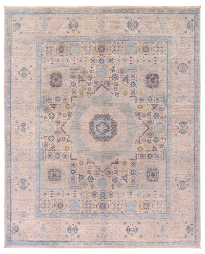 Pale blue Mamlouk classic Oriental wool rug with geometric repeat, 300×250cm