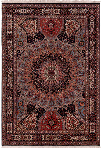 Investment-grade silk Tabriz Gum-bad Persian rug with dome medallion, 300×205cm