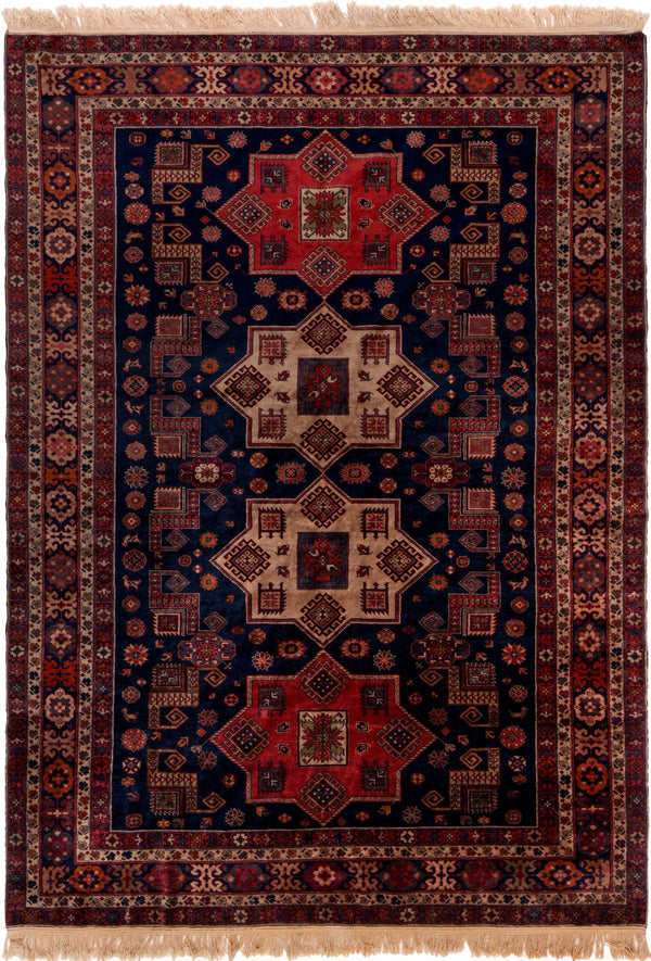 Red tribal nomad geometric wool rug with all-over pattern, 295×210cm