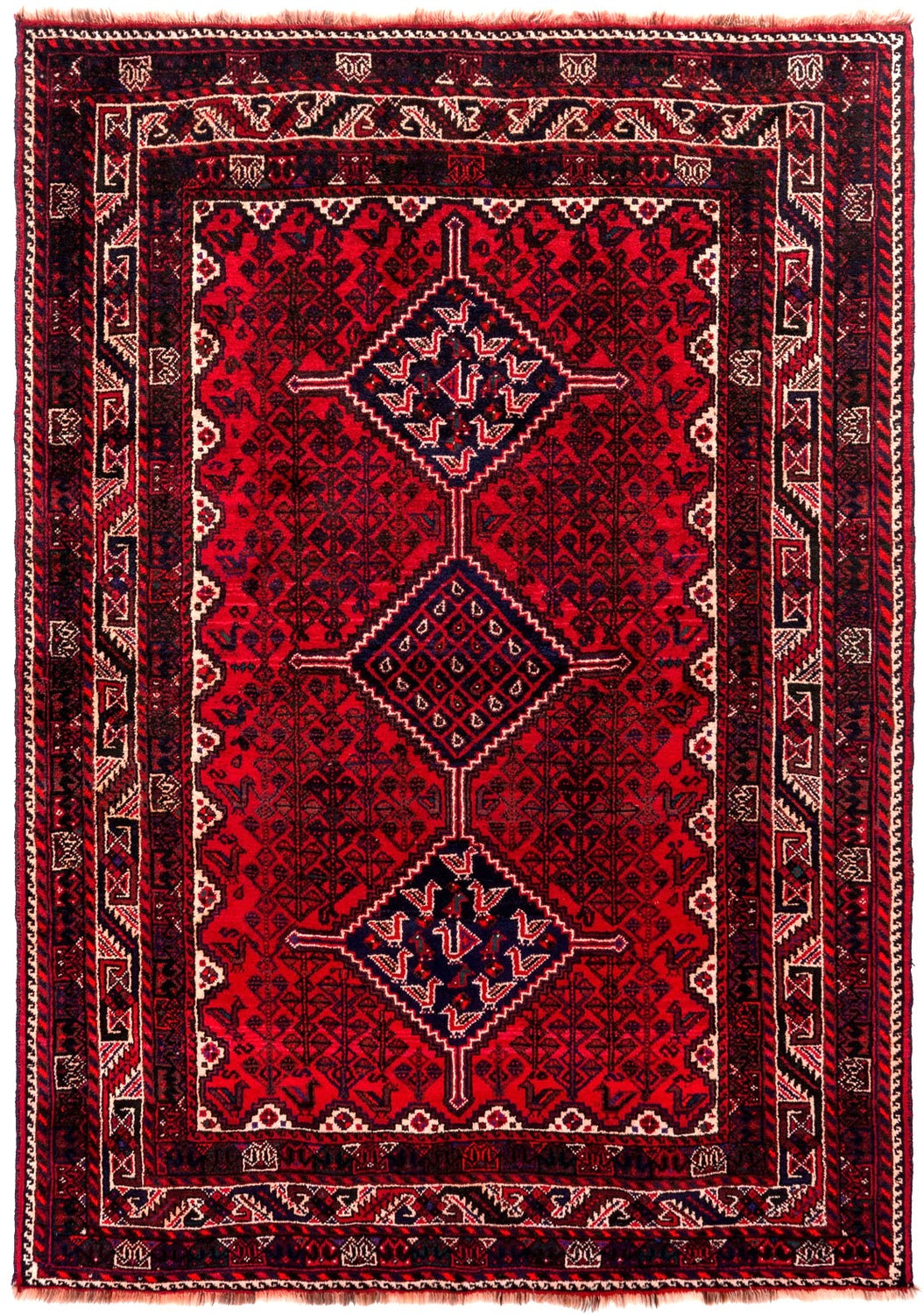 Red and ivory handmade Persian Shiraz classic rug with geometric medallion, 268×193cm