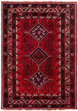 Red and ivory handmade Persian Shiraz classic rug with geometric medallion, 268×193cm
