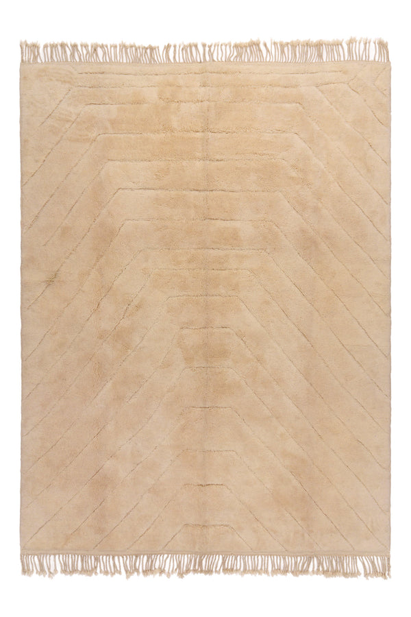 Large beige Berber wool rug in sand and warm neutral tones, 340×246cm