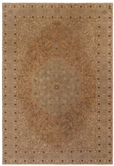 Large vintage Persian rug in gold and terracotta antique palette, 353×258cm, 100% wool