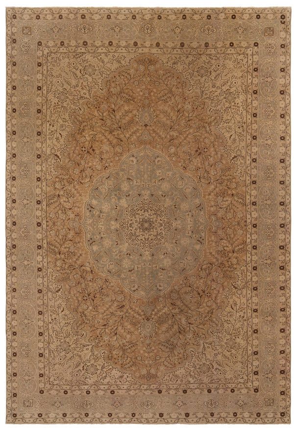 Large vintage Persian rug in gold and terracotta antique palette, 353×258cm, 100% wool