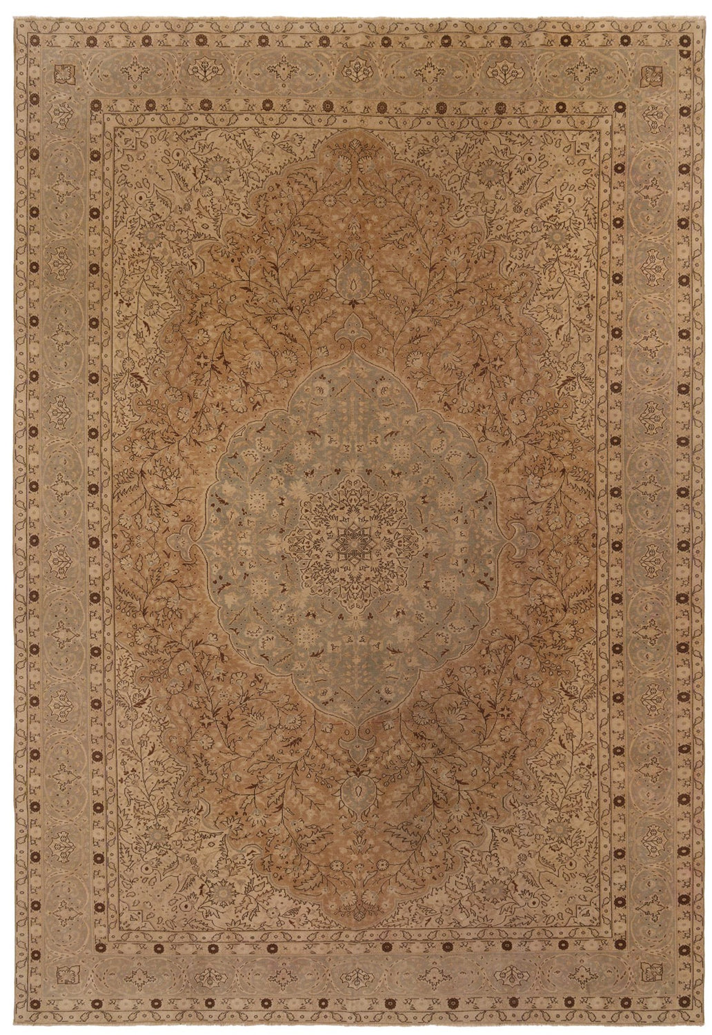 Large vintage Persian rug in gold and terracotta antique palette, 353×258cm, 100% wool