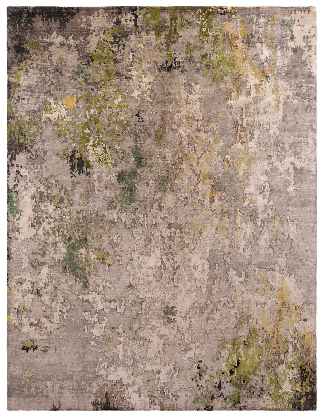 Large green and grey abstract contemporary hand-knotted wool rug, 364×272cm