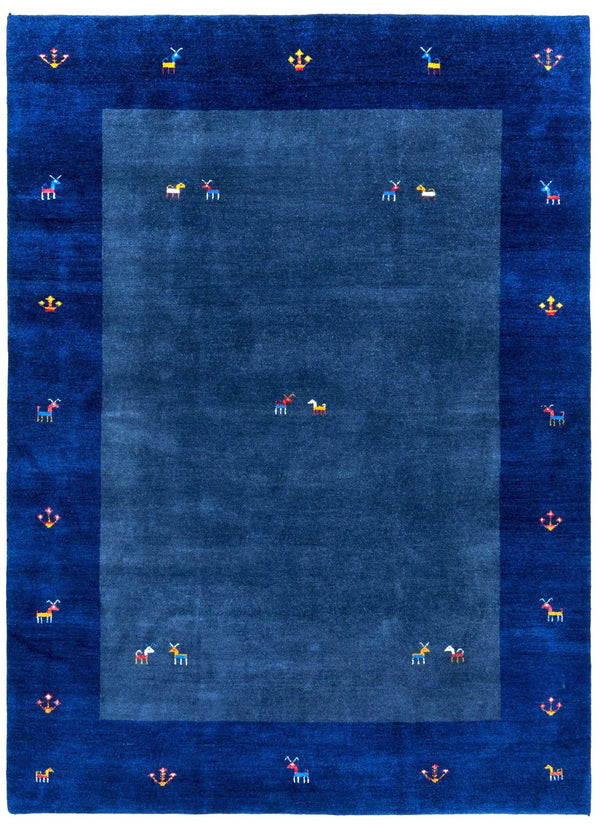 Solid blue hand-knotted Persian Gabbeh wool rug, 240×170cm