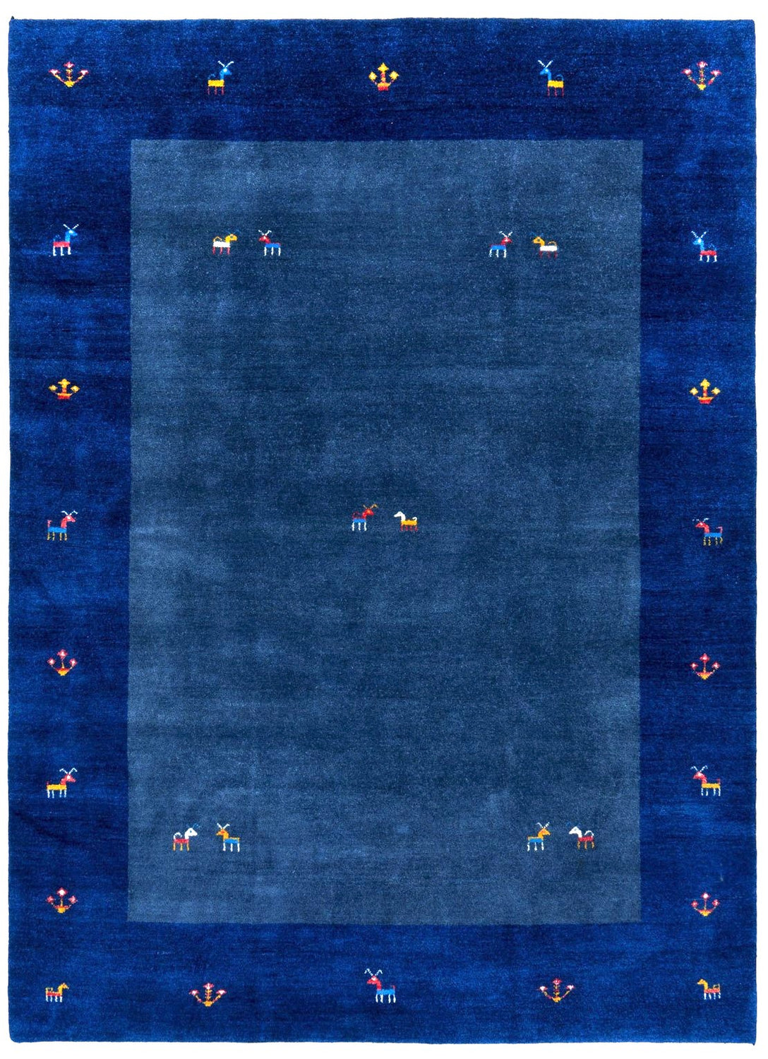 Solid blue hand-knotted Persian Gabbeh wool rug, 240×170cm