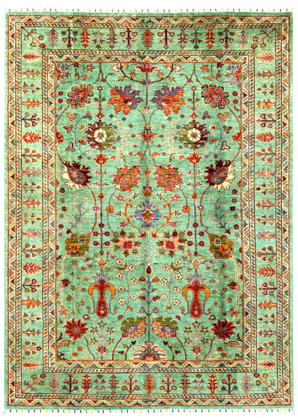 Green and ivory Ziegler floral Oriental wool rug with vine motifs, 244×180cm