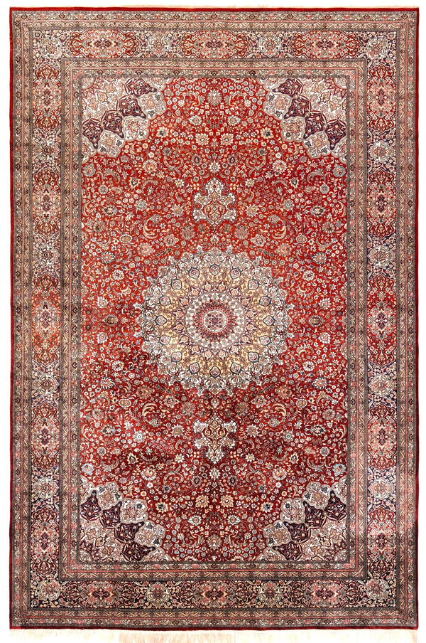 Red and gold extra fine Chinese silk rug with high knot count, 245×155cm