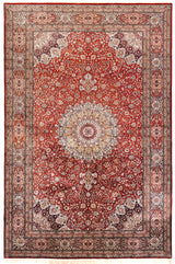 Red and gold extra fine Chinese silk rug with high knot count, 245×155cm