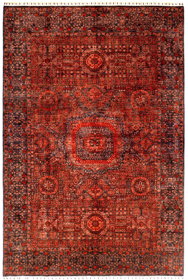 Cairo red and gold Mamlouk classic Oriental wool rug with geometric repeat, 278×186cm