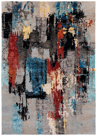 Multi-colour abstract contemporary wool rug in cobalt blue and red, 240×170cm