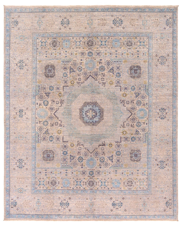 Pale blue Mamlouk classic Oriental wool rug with geometric repeat, 300×250cm