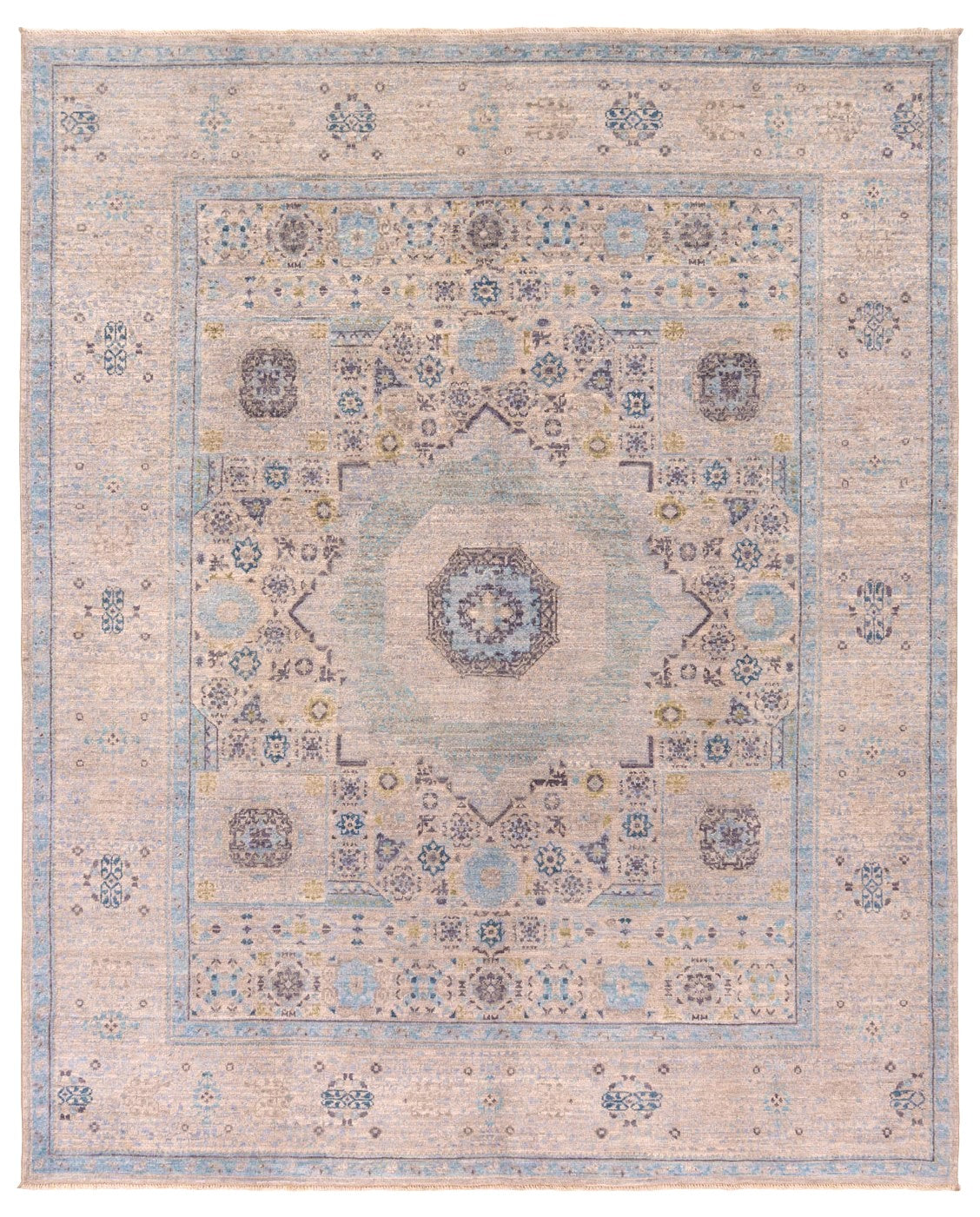 Pale blue Mamlouk classic Oriental wool rug with geometric repeat, 300×250cm