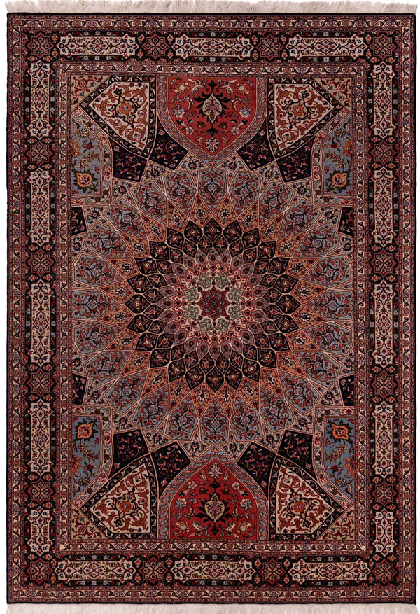 Investment-grade silk Tabriz Gum-bad Persian rug with dome medallion, 300×205cm