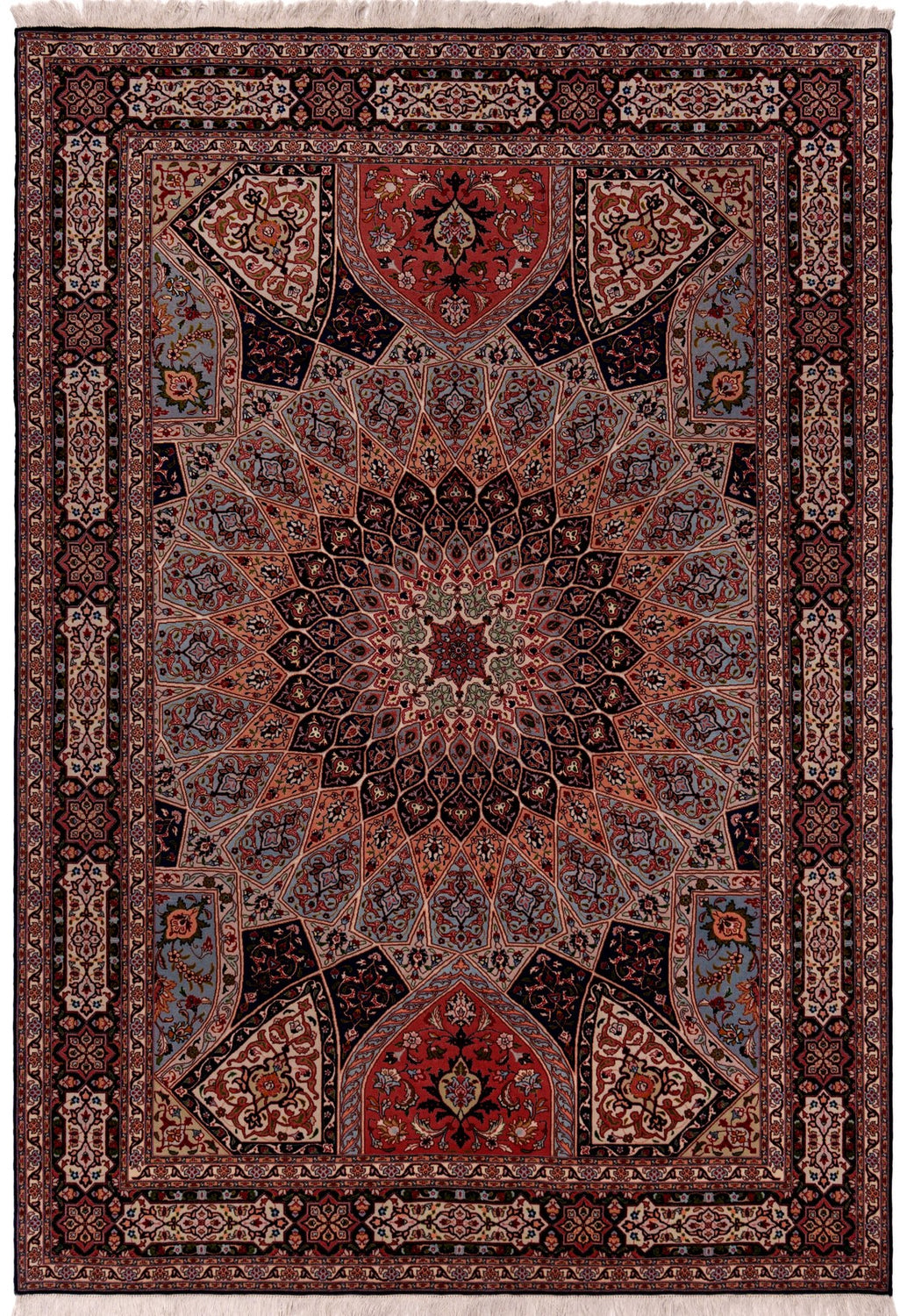 Investment-grade silk Tabriz Gum-bad Persian rug with dome medallion, 300×205cm