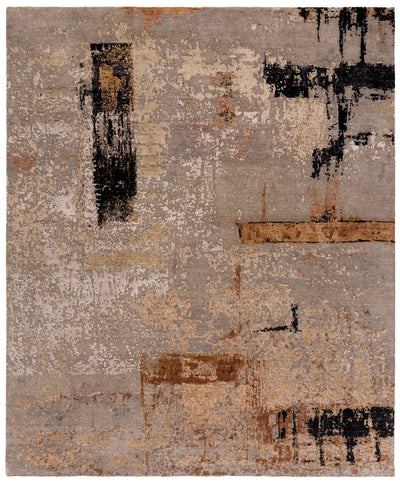 Stone and cream abstract contemporary wool rug with wave pattern, 300×250cm