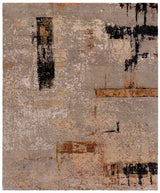 Stone and cream abstract contemporary wool rug with wave pattern, 300×250cm