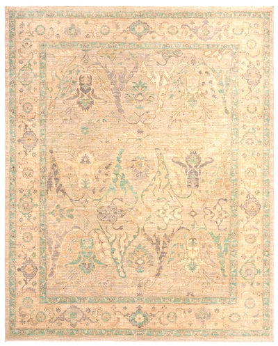 Pale green and cream classical Oriental wool rug with medallion design, 295×250cm