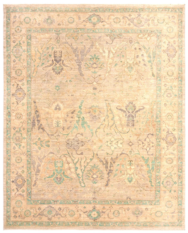 Pale green and cream classical Oriental wool rug with medallion design, 295×250cm