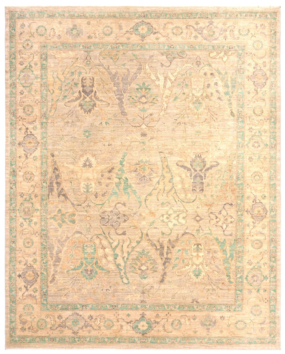 Pale green and cream classical Oriental wool rug with medallion design, 295×250cm