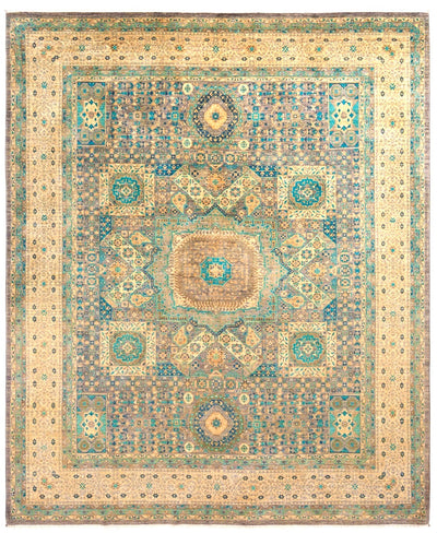 Teal and ivory Mamlouk classic Oriental wool rug with geometric repeat, 292×230cm