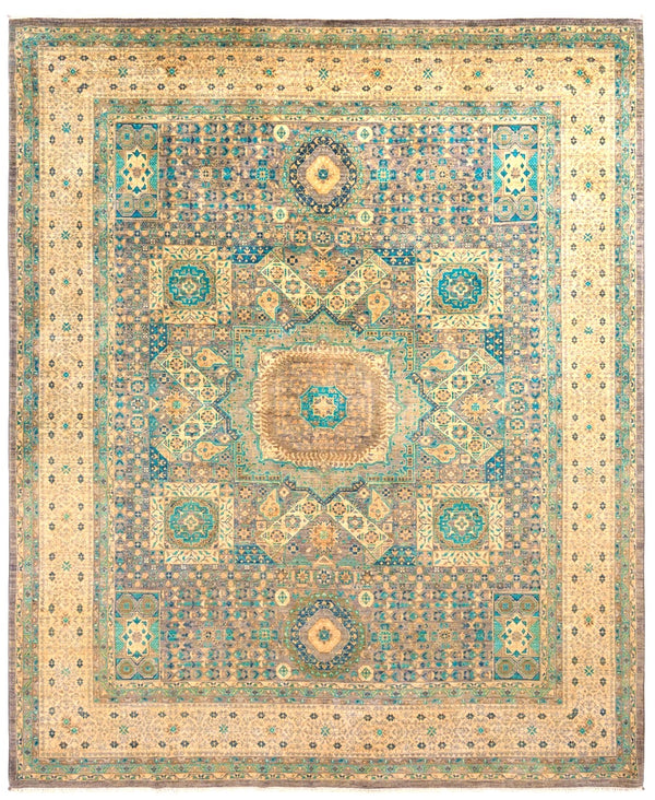 Teal and ivory Mamlouk classic Oriental wool rug with geometric repeat, 292×230cm