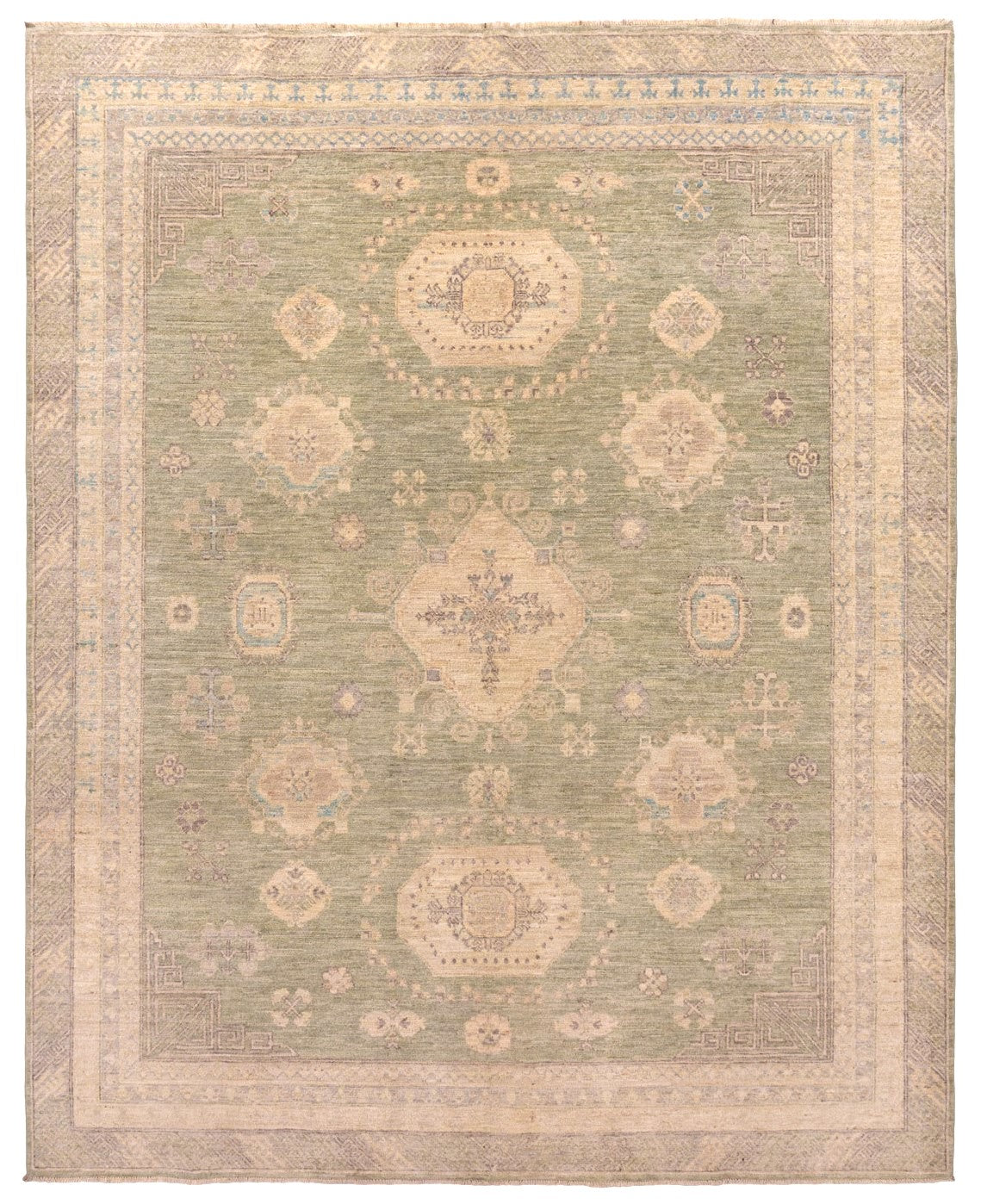 Burgundy and ivory classical Oriental wool rug with floral medallion border, 305×244cm