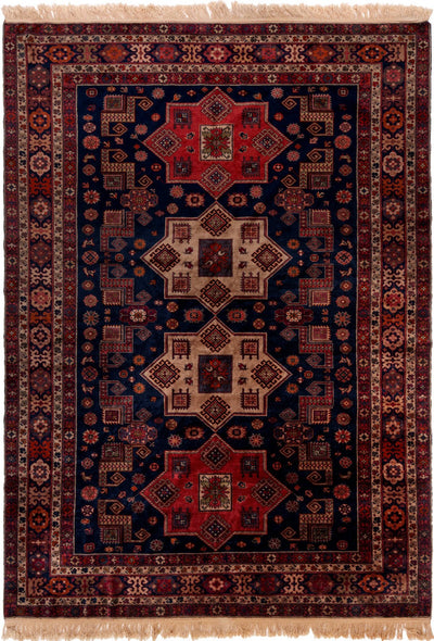 Red tribal nomad geometric wool rug with all-over pattern, 295×210cm