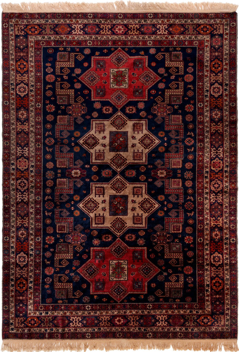 Red tribal nomad geometric wool rug with all-over pattern, 295×210cm