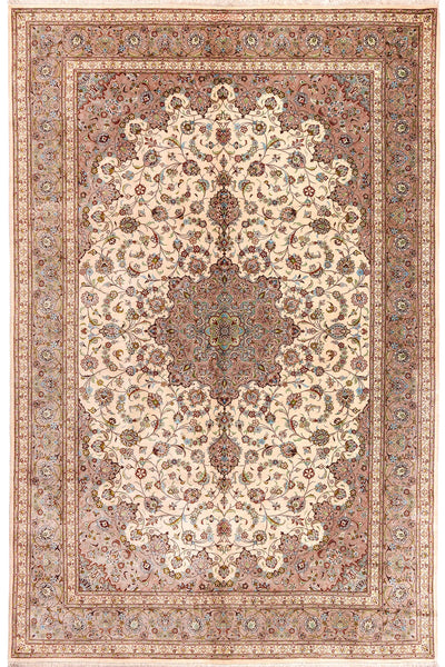 Signed fine Persian Qom pure silk rug with intricate floral design, 300×200cm