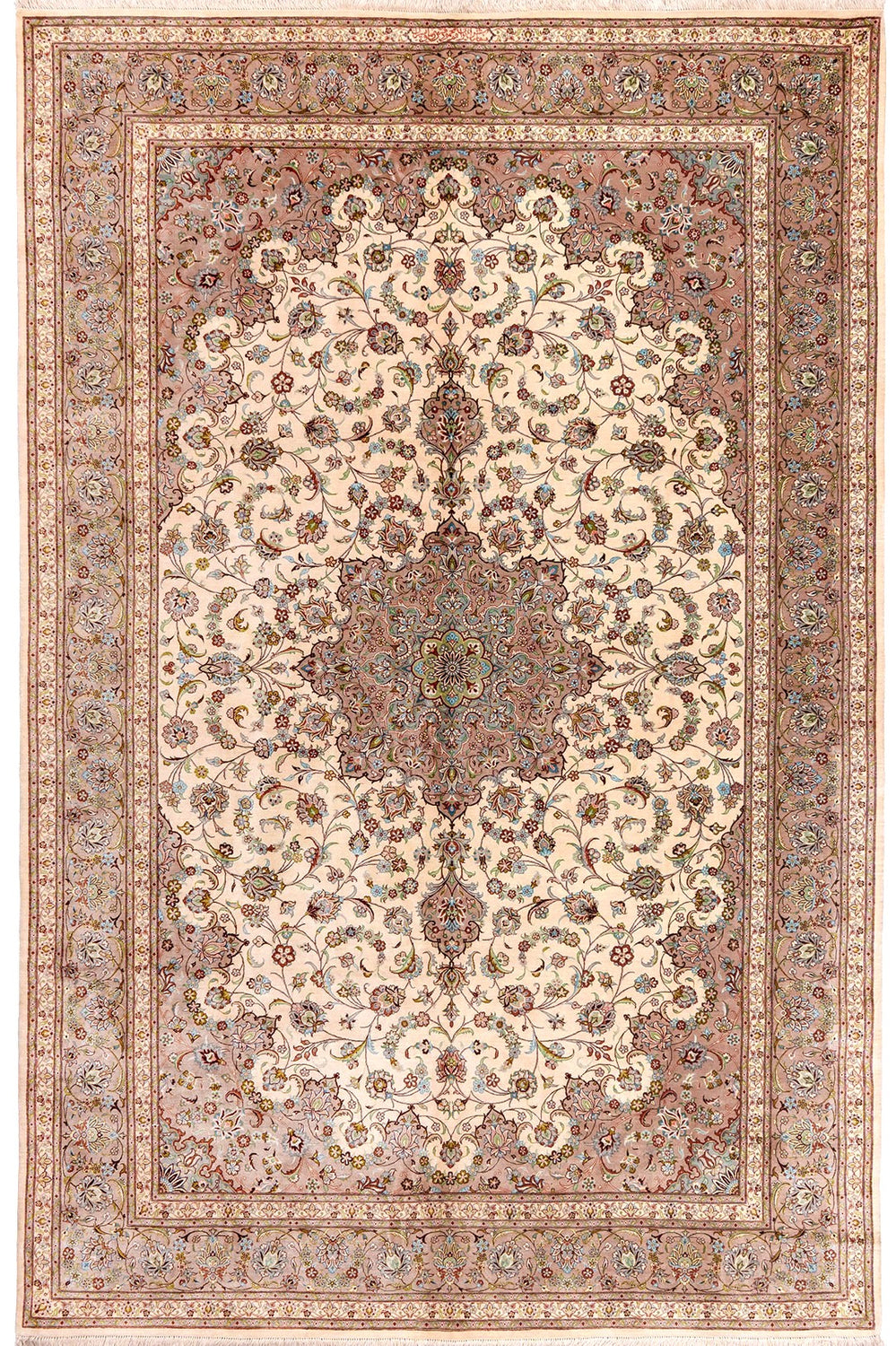 Signed fine Persian Qom pure silk rug with intricate floral design, 300×200cm