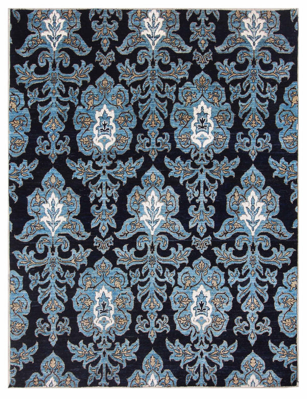 Warm multi-colour contemporary wool rug in burnt orange and teal, 228×170cm