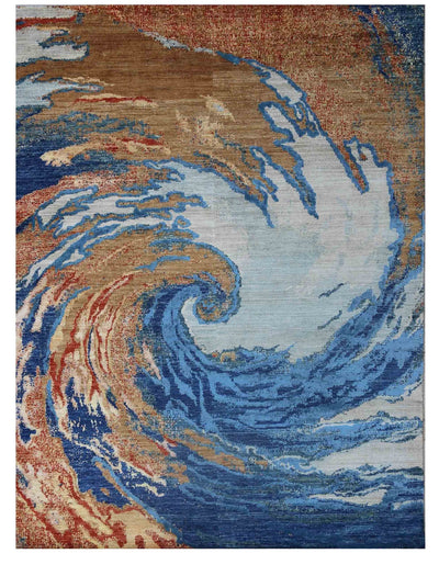 Multi-colour contemporary wool rug in red blue gold and ivory, 271×180cm