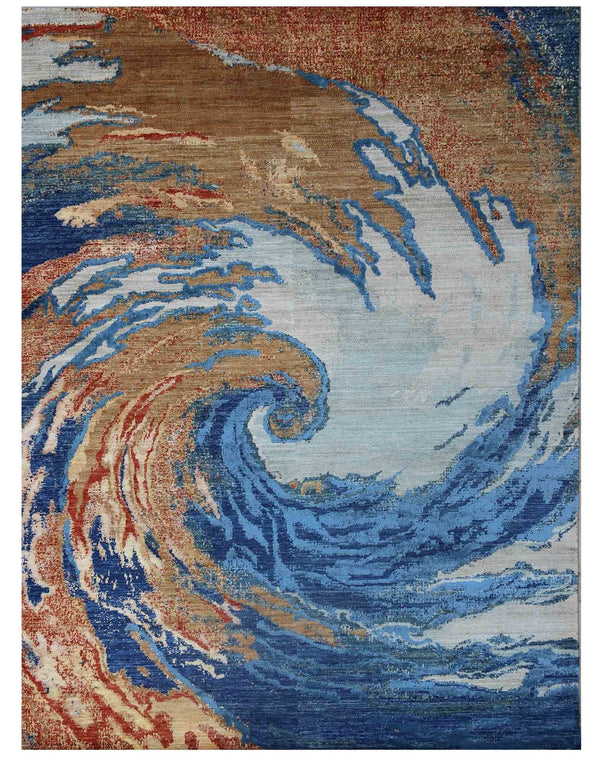 Multi-colour contemporary wool rug in red blue gold and ivory, 271×180cm