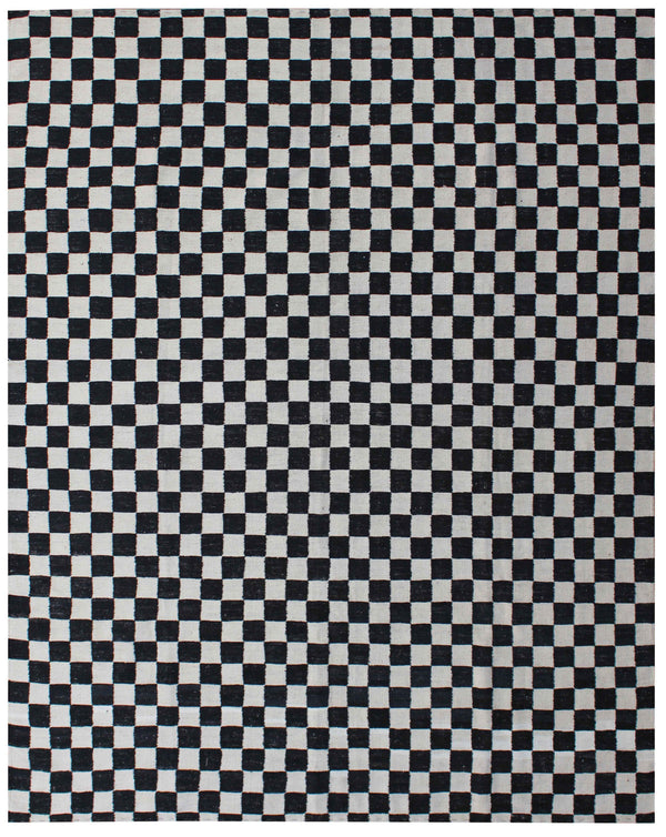 Black and beige large modern flatweave kilim in near-square format, 291×240cm