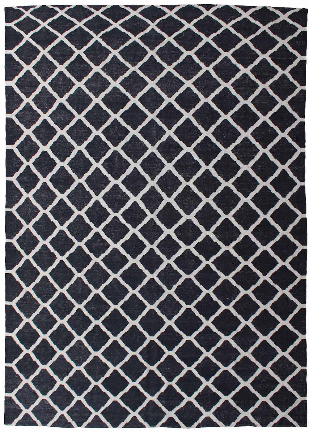 Black and beige modern flatweave kilim rug with geometric pattern, 347×258cm