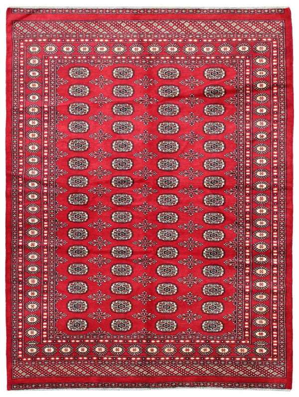 Deep red tribal wool rug with geometric all-over pattern, 301×192cm