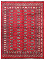 Deep red tribal wool rug with geometric all-over pattern, 301×192cm